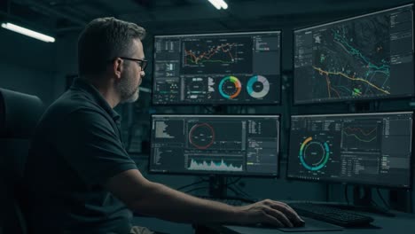 analyzing data trends and metrics: a focused individual engaging with multiple monitors displaying complex graphs and visualizations in a high-tech environment