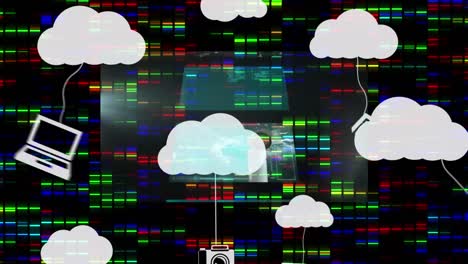 animación de nubes con iconos sobre columnas móviles y procesamiento de datos