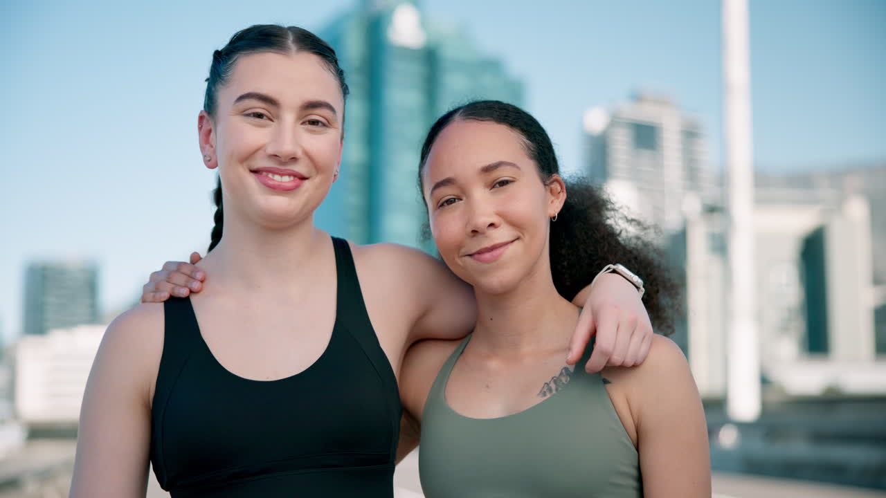 여성의 얼굴과 함께 피트니스, 친구 및 스포츠