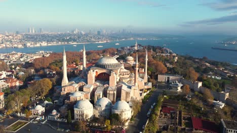 turkey's largest city at dawn. aerial view of hagia sophia mosque and view of istanbul in day