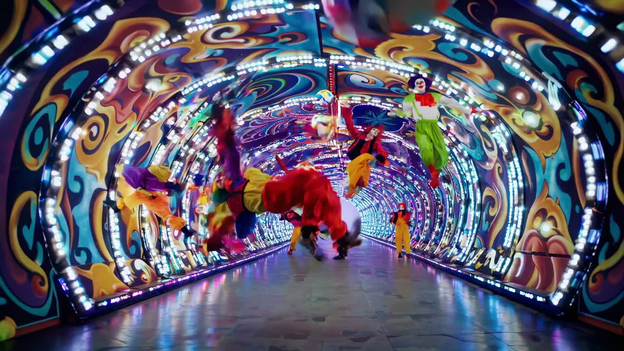 Colorful clowns perform dynamic acrobatics in a vibrant illuminated tunnel, showcasing lively movement and joyful expressions in a captivating scene