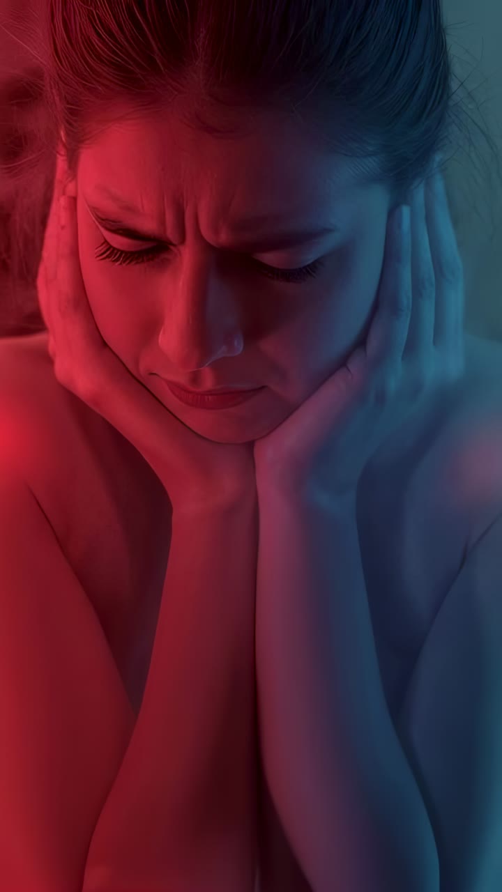 Vertical video: Feeling head pain, woman holding hands on temples in studio red-blue light, hair up