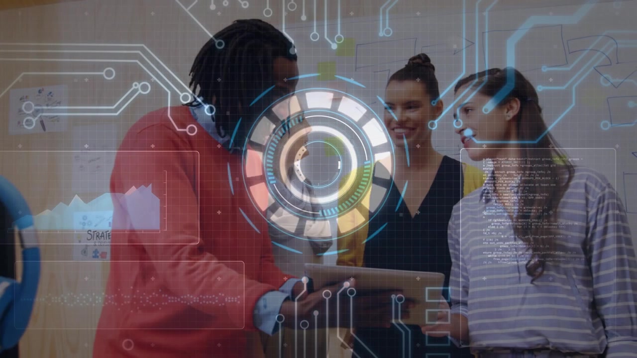 Lead showing tablet in business meeting, team leaning, HUD pulsing over tablet, reaching consensus