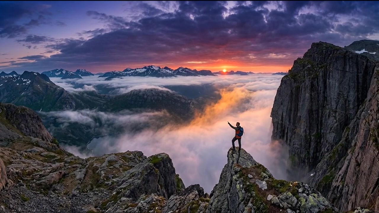 Senderista de pie en la cima de la montaña sobre las nubes al atardecer