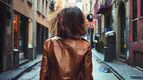 a woman in a brown leather jacket walking down a city street