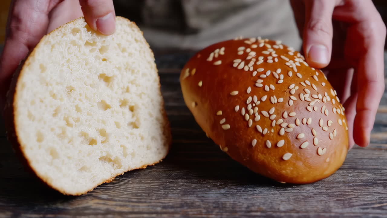 Hands holding a sliced sesame seed bun