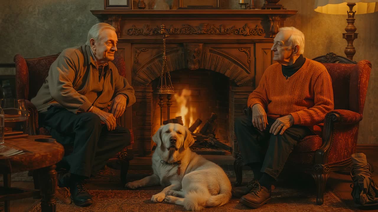 Turning head, left man initiating chat with friend beside fireplace, Labrador retriever listening