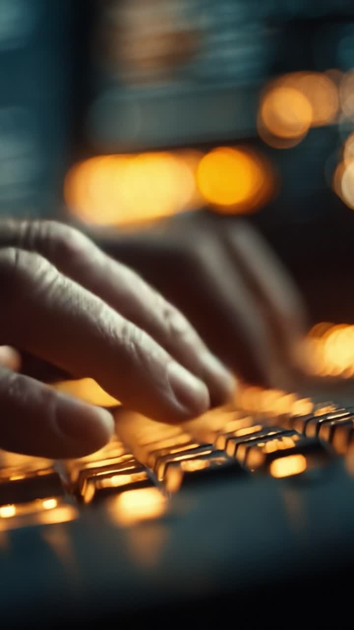 Close-up of Hands Typing on a Keyboard with Soft Bokeh Background Featuring Warm Glowing Lights, Showcasing the Act of Inputting Data and Creating Content