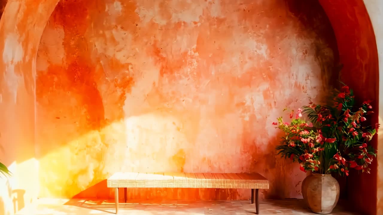 A room with a bench and a potted plant in it