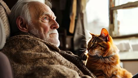 an old man sitting on a couch with a cat