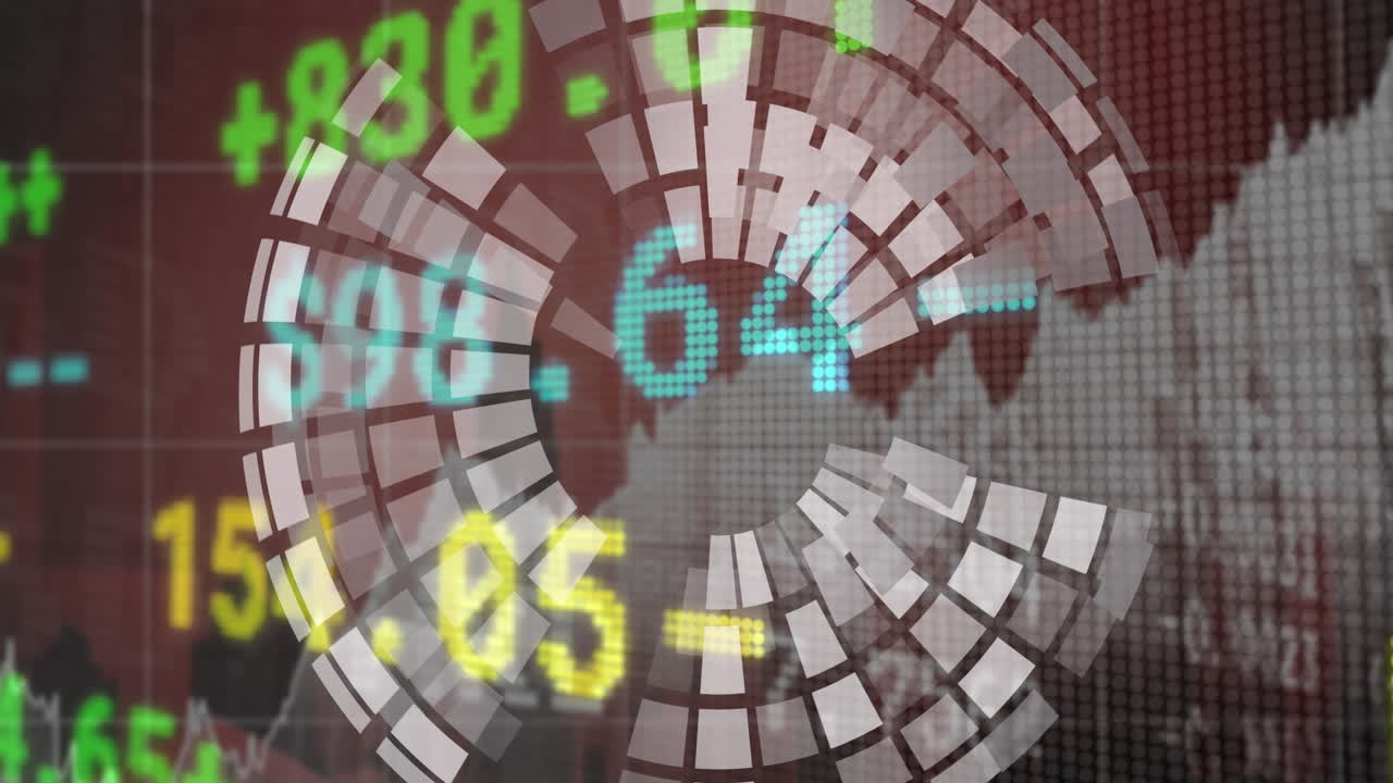 회색 배경에 대한 주식 시장 데이터 처리 위에 회전하는 3d 구의 애니메이션