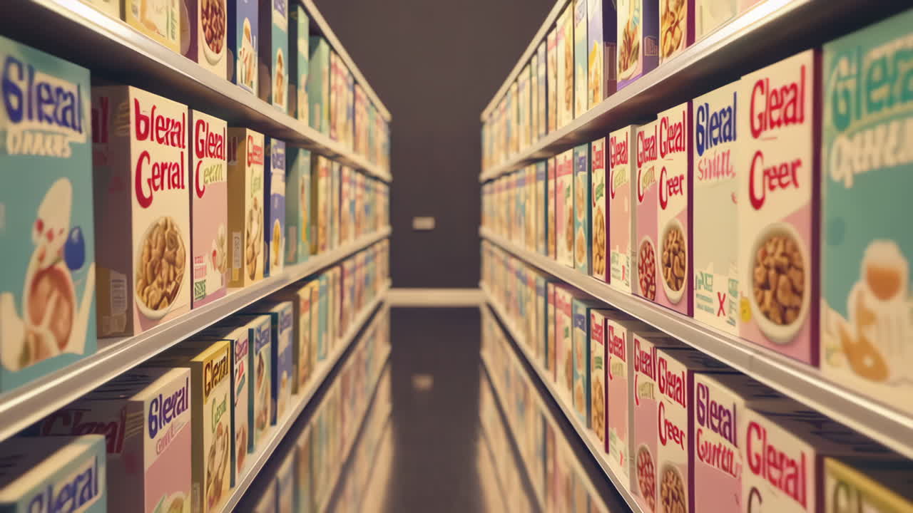 Long aisle of cereal boxes in a supermarket