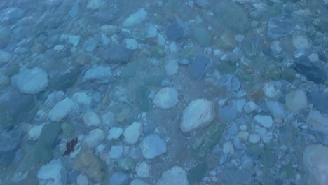 4k-straight-down-drone-shot-of-the-bottom-of-the-sea-with-crystal-clear-water-while-gradually-tilting-up-and-revealing-a-big-rock-into-the-sea