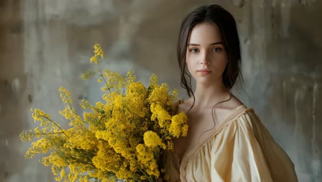 beautiful young woman with long brown hair wearing a light yellow dress holding a bouquet of yellow flowers posing for the camera in front of a gray wall