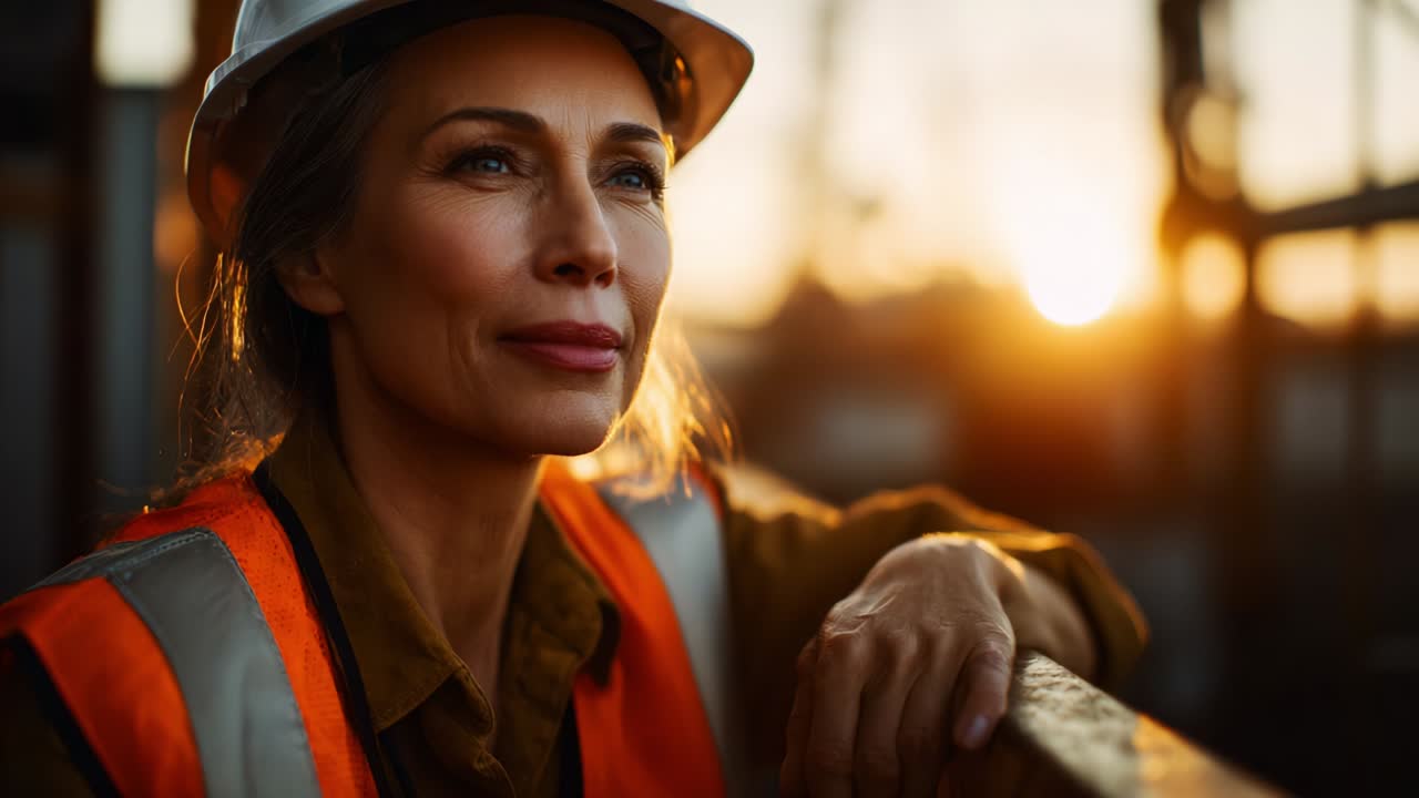 A reflective moment captured in the golden light of sunset, featuring a female construction worker wearing a safety helmet and vest, embodying strength, confidence, and dedication in her profession