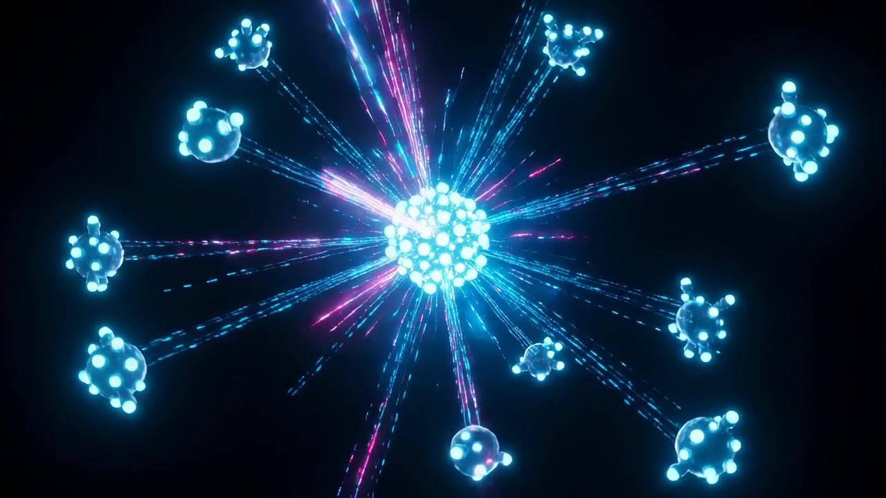 Magenta pulse sparking central nucleus pulsing, sending trails to connect satellites in black void