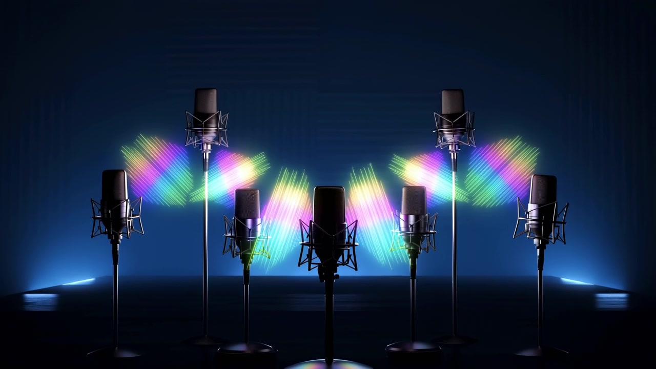 Seven large diaphragm condenser microphones on slender stands form balanced foreground and midground rows while glowing multicolor waveform light effects rise behind them across deep blue gradient