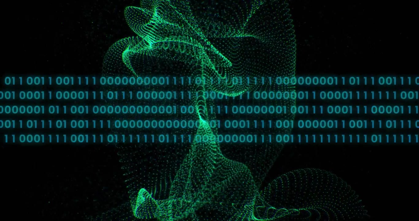 Glowing turquoise binary digits streaming across dark void with swirling green particle waves