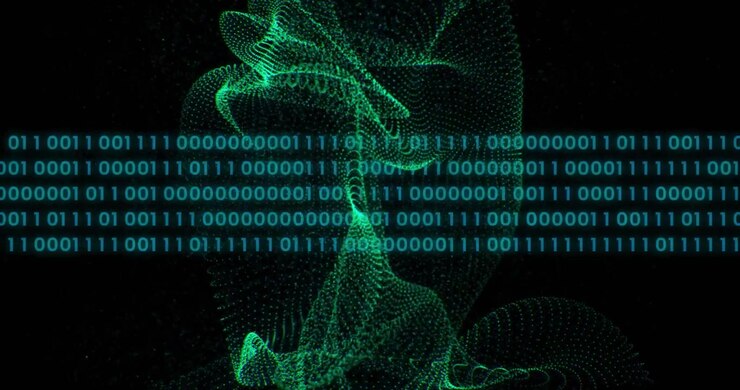 Glowing turquoise binary digits streaming across dark void with swirling green particle waves