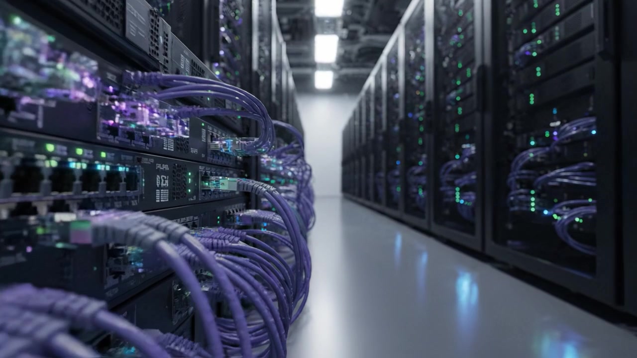 A High-Tech Data Center Showcasing Rows of Server Racks and Network Cables with Vibrant LED Indicators Illuminating the Modern Technological Environment
