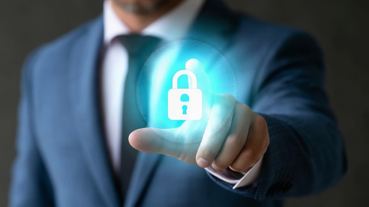 A Professional in a Suit Interacting with a Holographic Lock, Emphasizing Digital Security and Modern Technology in an Innovative Business Environment