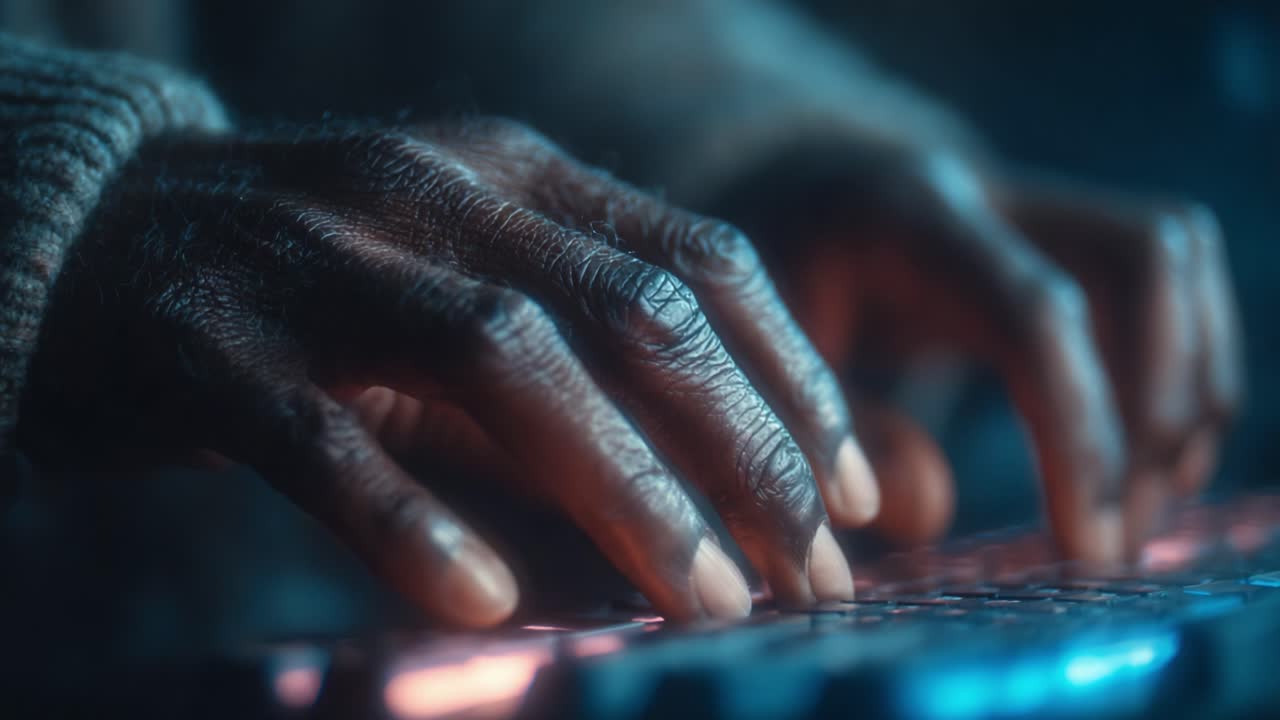 Nærbillede af hænder, der skriver på et tastatur, belyst af diskret belysning, der fremhæver detaljerne i digital interaktion og menneskelig involvering med teknologi