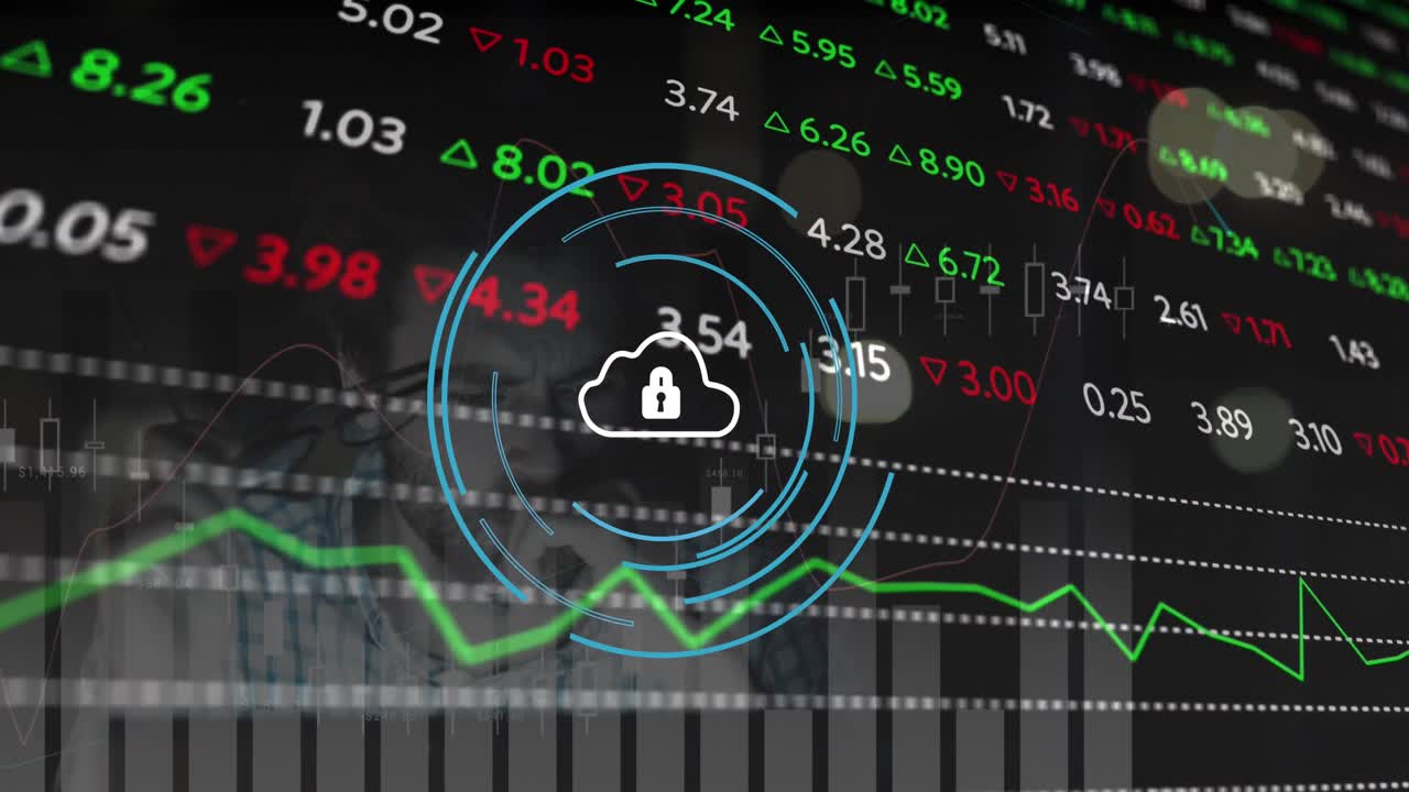 animación del procesamiento de datos del mercado de valores contra un hombre caucásico cansado trabajando hasta tarde en la oficina.