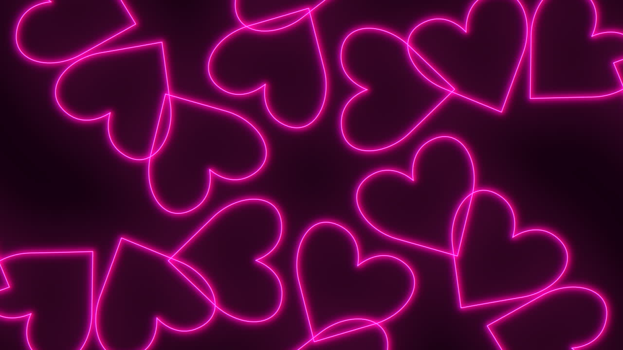 Seamless glowing neon pink heart outlines moving on a dark background, ideal romantic abstract footage for Valentine’s Day, love themed videos, party visuals, and modern social media content