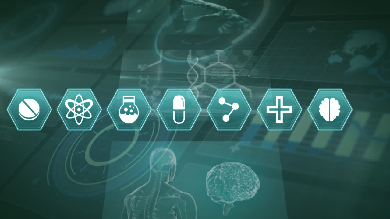 Animation of medical icons and scientific data processing over green background