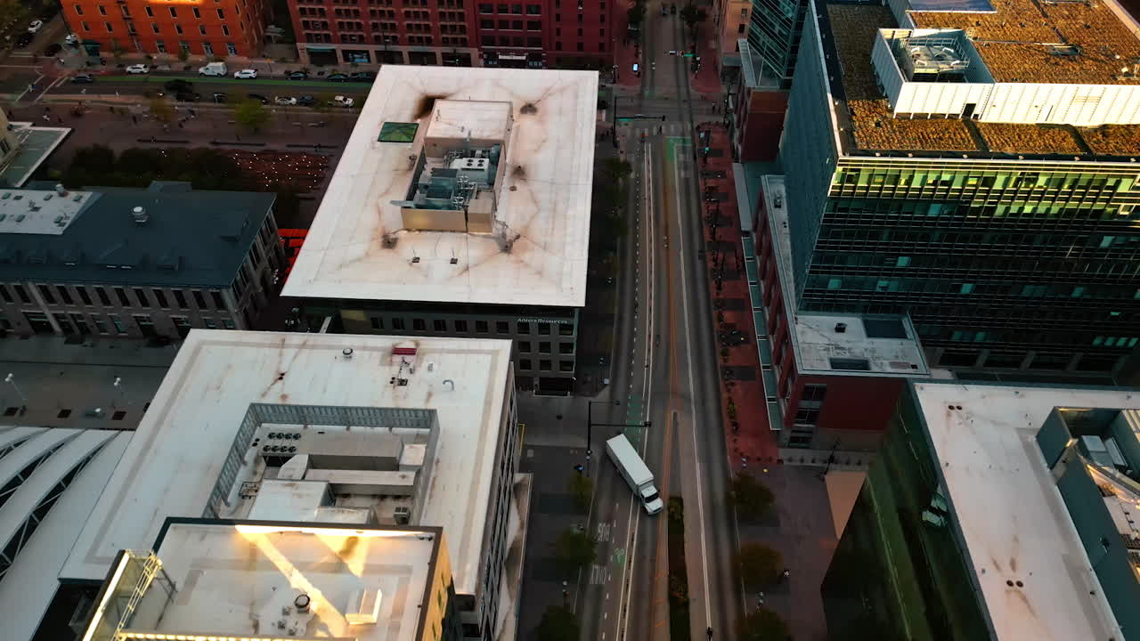 Denver, USA, 28 July 2025: Over the roofs of Denver, Colorado, USA. View on empty streets of the city from drone
