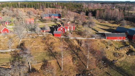 aerial small village åsens by swedish farmland culture reserve red houses day