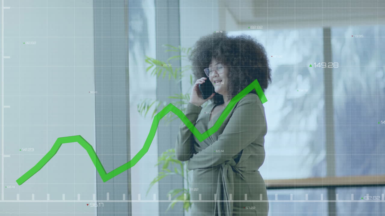 Animation von Finanzdatenverarbeitung über einer afroamerikanischen Geschäftsfrau im Büro