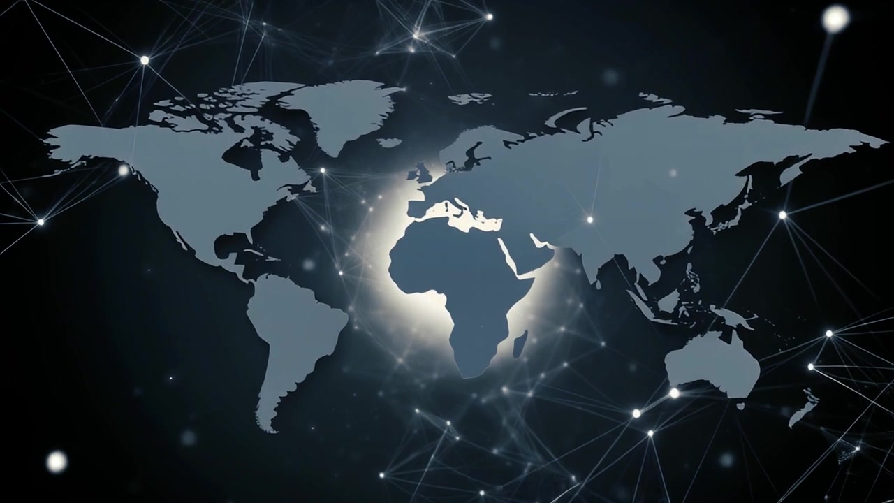 Digital World Map with Connected Network Nodes and Glowing Light