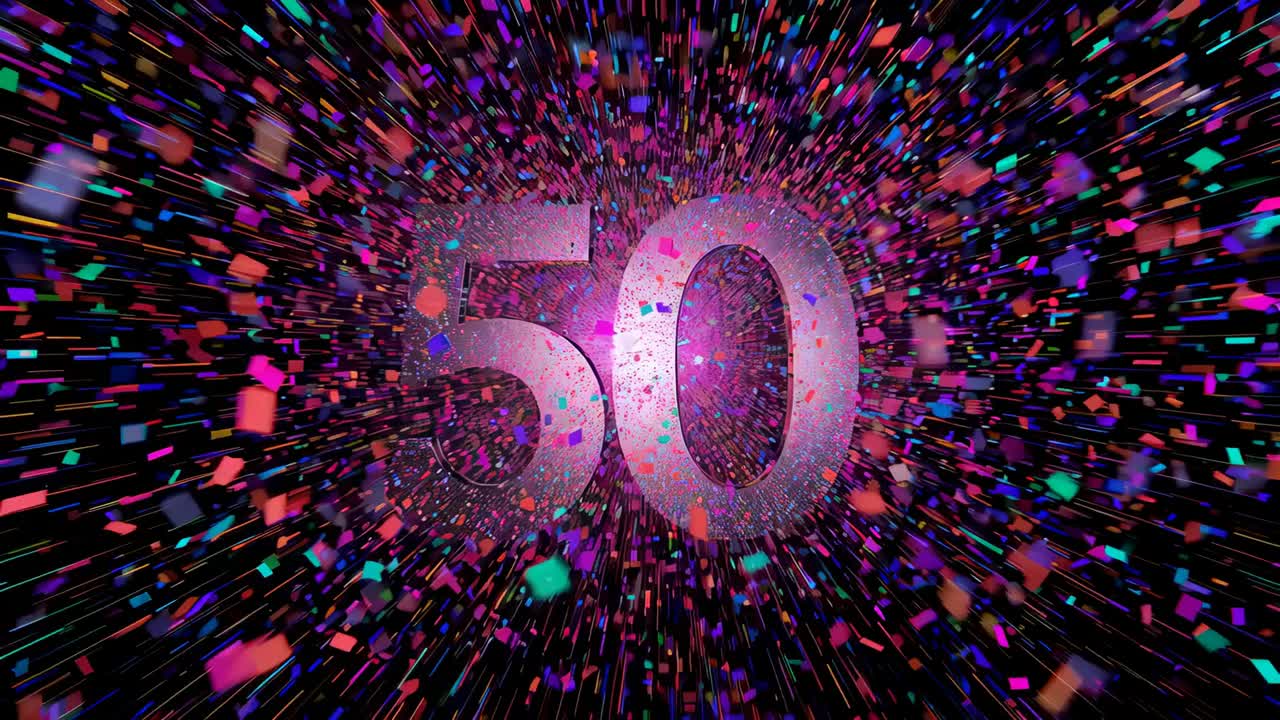 Avvio di illuminazione blu con flare granuloso 50 su sfondo rosa-blu con particelle in movimento e bagliore in basso a sinistra