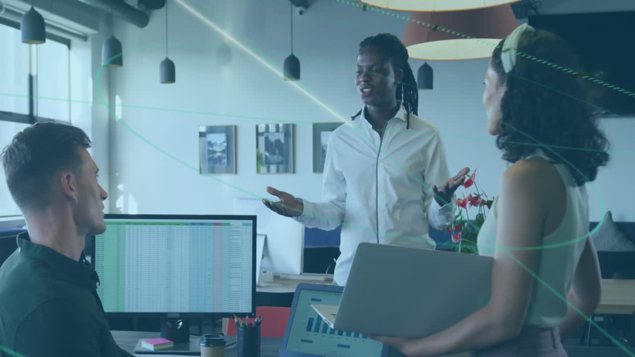 Animation of clock moving over diverse business people in office
