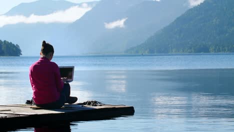 woman working on laptop by a lake
