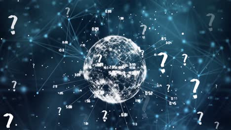 animación de iconos de signos de interrogación sobre una red de conexiones y un globo sobre fondo negro
