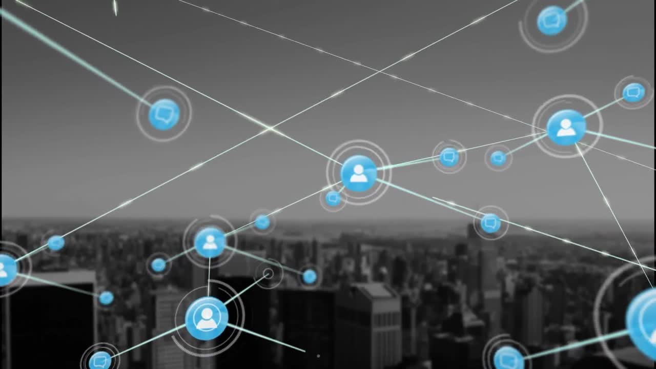 Animation of network of digital icons against aerial view of cityscape