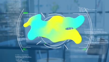 Animation-Eines-Leuchtenden-Kleckses,-Scope-Scannens-Und-Datenverarbeitung-über-Einem-Leeren-Büro