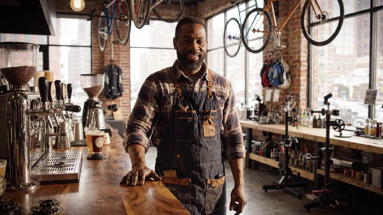 Un barista esperto in un elegante caffè a tema bicicletta mostra la sua passione per il caffè e il ciclismo, creando un'atmosfera calda e invitante per il piacere dei clienti.