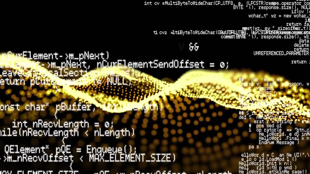 Animation of data processing over abstract waving mesh with yellow spots