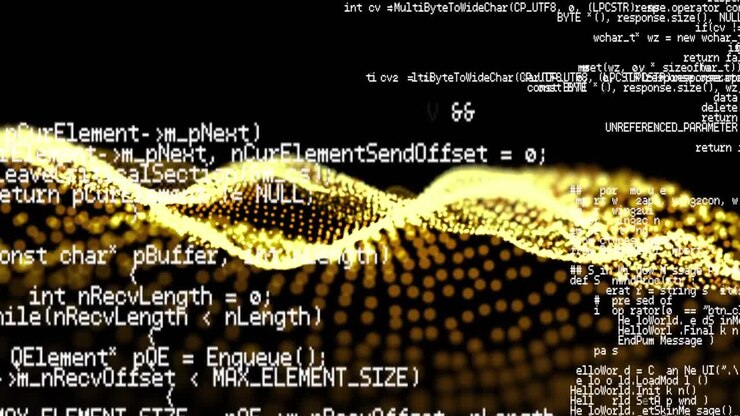 Animation der Datenverarbeitung über einem abstrakt wellenförmigen Netz mit gelben Punkten