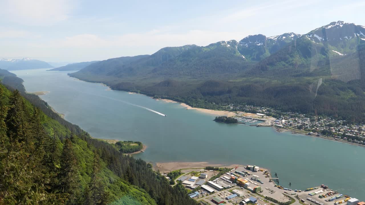 View over Gastineau channel from Goldbelt Tram cabin ascending to Mount Roberts, Juneau, Alaska.