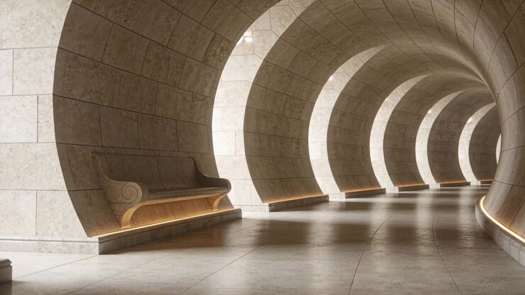 La telecamera in movimento rivela un corridoio in pietra ad arco in un museo, con una panca scolpita e una calda illuminazione alla base