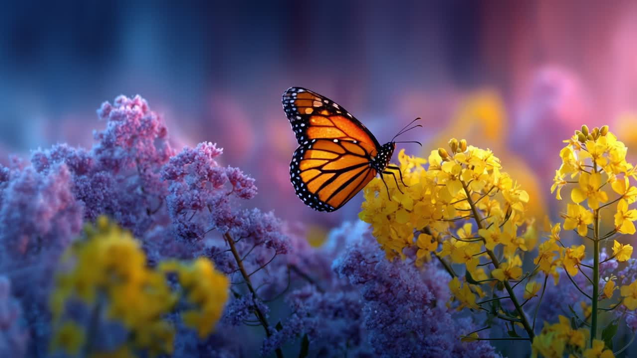 Una vivace farfalla monarca si gode con grazia dei fiori giallo brillante circondata da colorate fioriture, immortalata in un sereno ambiente naturale