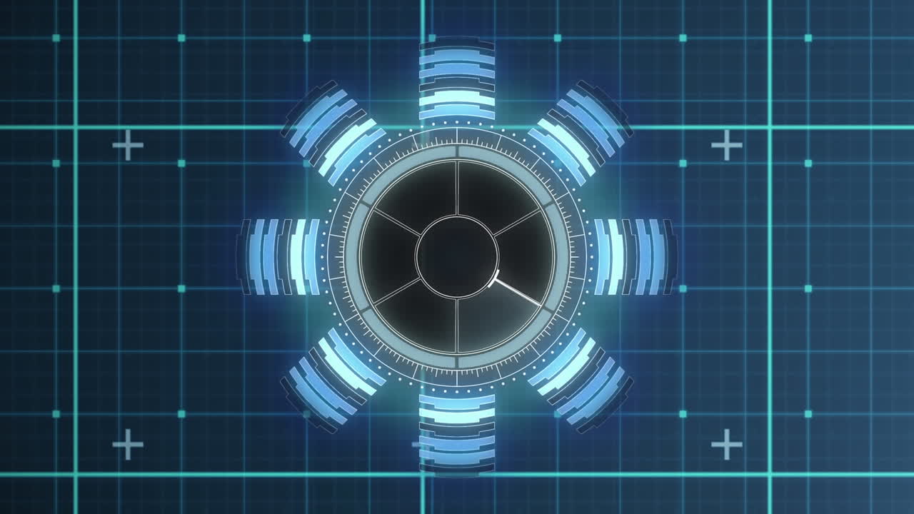 Animation of neon round scanner spinning over grid network against blue background