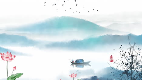 Mysterious-landscape-China's-traditional-Oriental-Digital-Art-animation,-Chinese-retro-painting-ink-misty-mountain-with-flowers,-tree,-birds,-river-in-fog-background