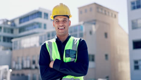 Construcción,-Rostro-U-Hombre-En-La-Ciudad-Con-Brazos.