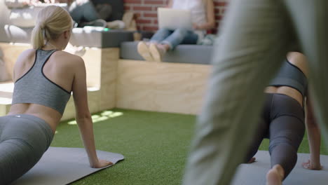 young business women practice yoga meditation together in office doing cobra pose enjoying mindfulness exercise relaxing on lunch break