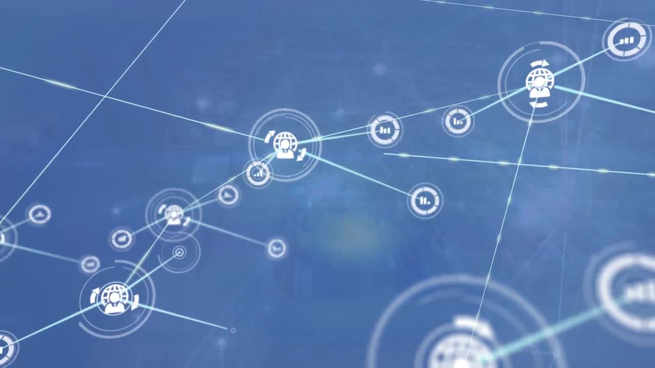 구름이 가득한 하늘을 배경으로 조명된 연결된 점 위에 연결된 아이콘의 애니메이션